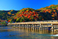 京都の秋　嵐山　渡月橋　山もみじ　高解像度画像